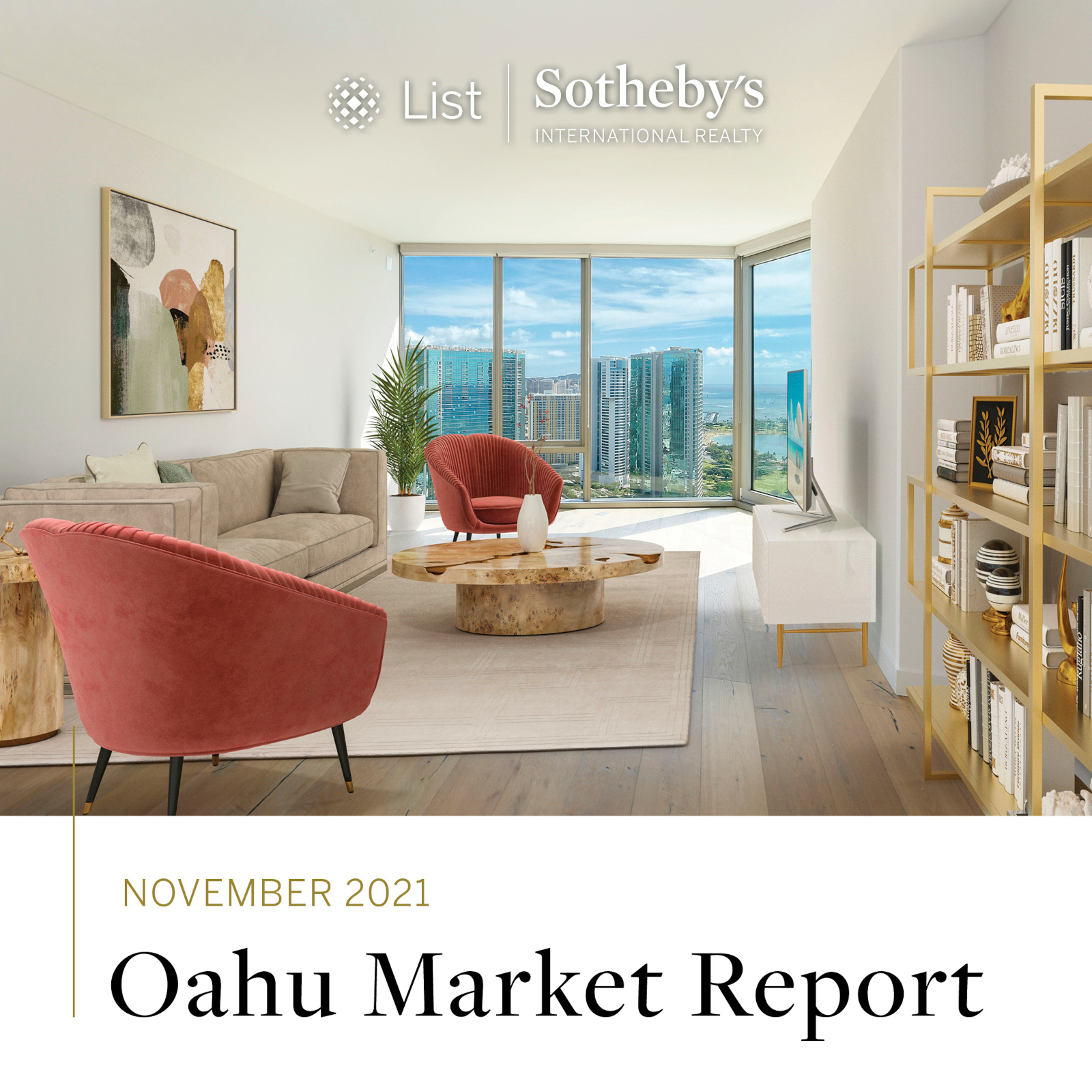 Picture of the inside of a condo with OAHU MARKET STATS overlaid