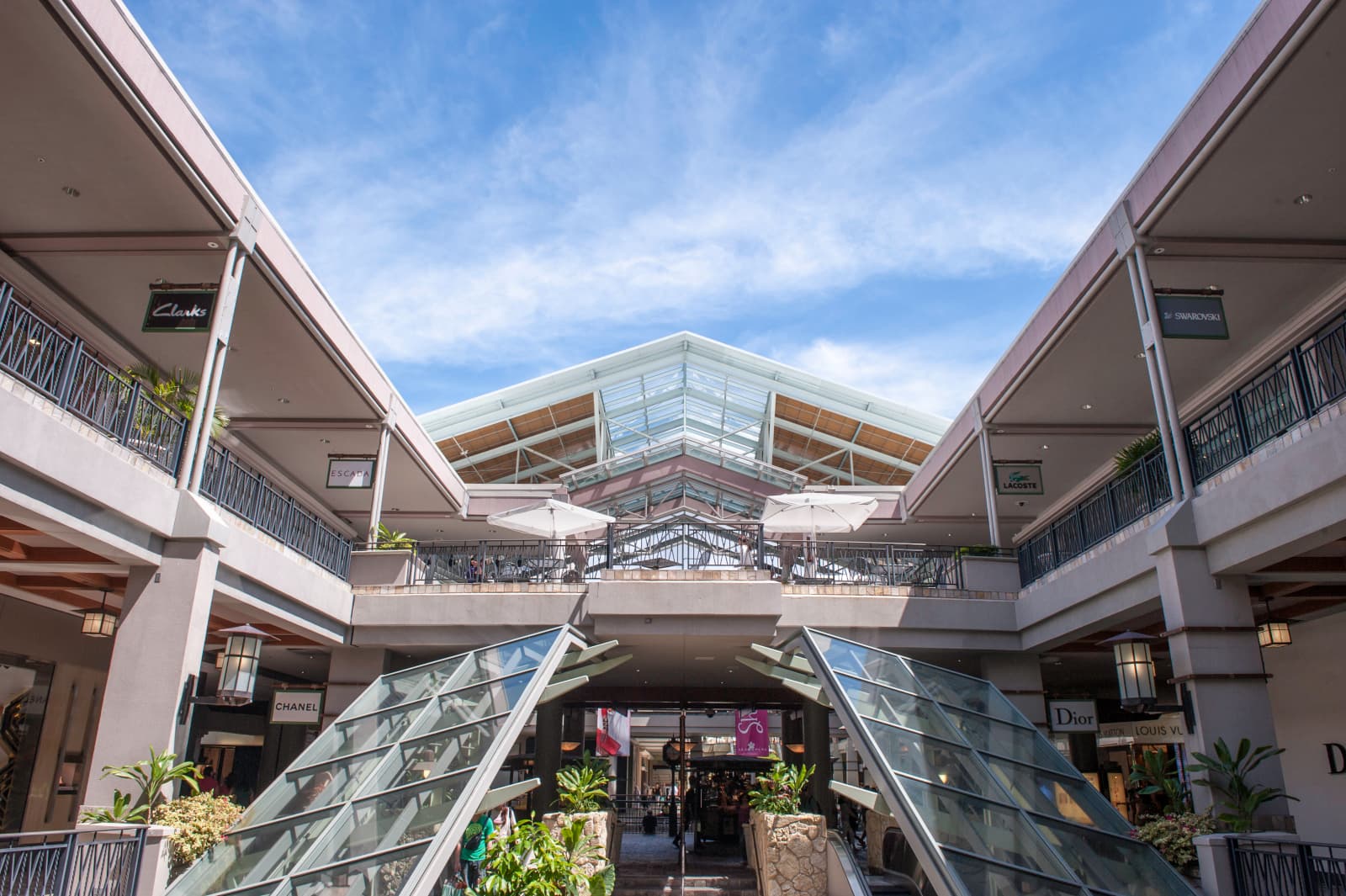 Photo from inside, showing the roof of the open-air Ala Moana Shopping Center