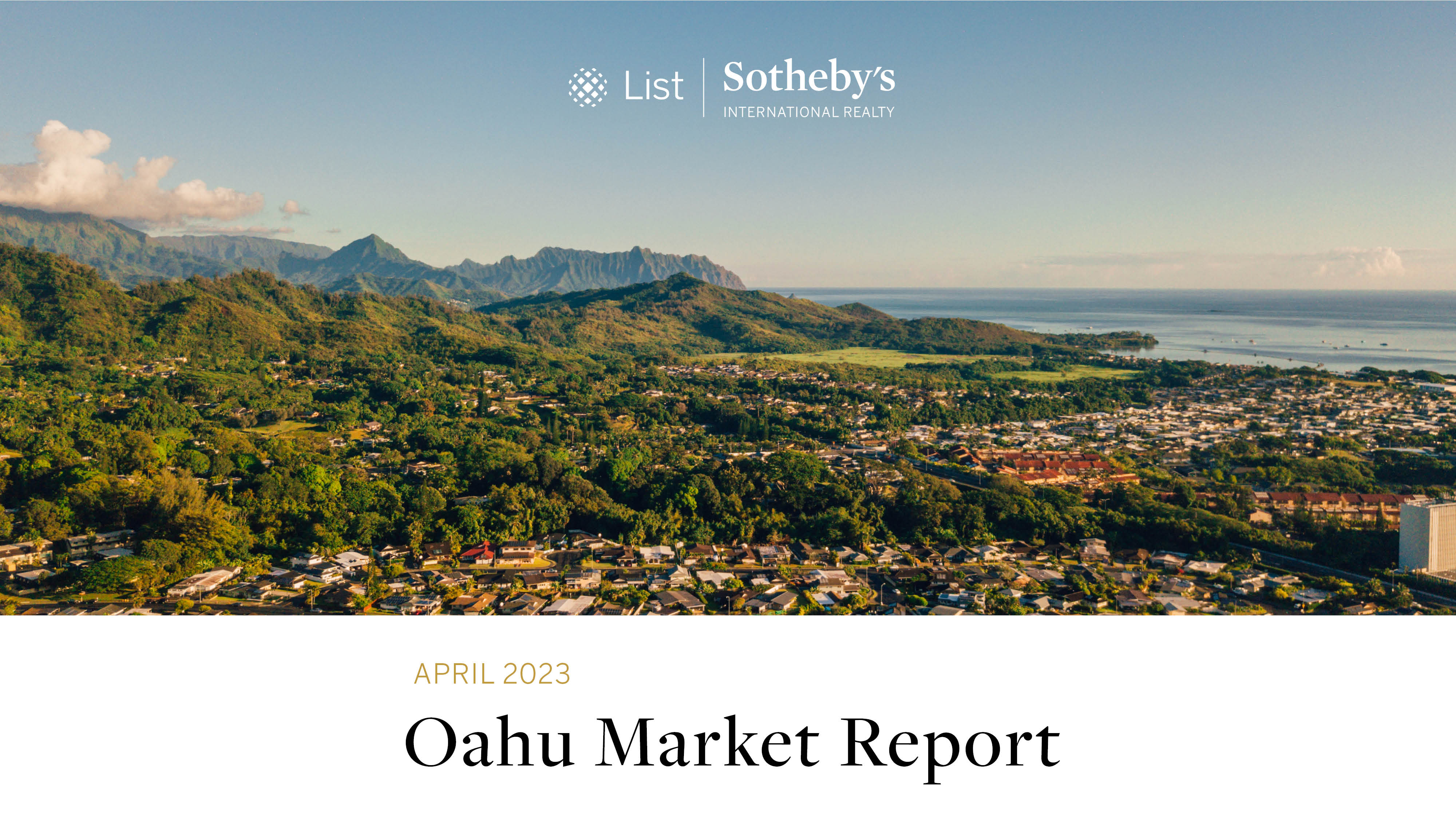 Oahu April Market Stats on an overhead shot of a mountainous island