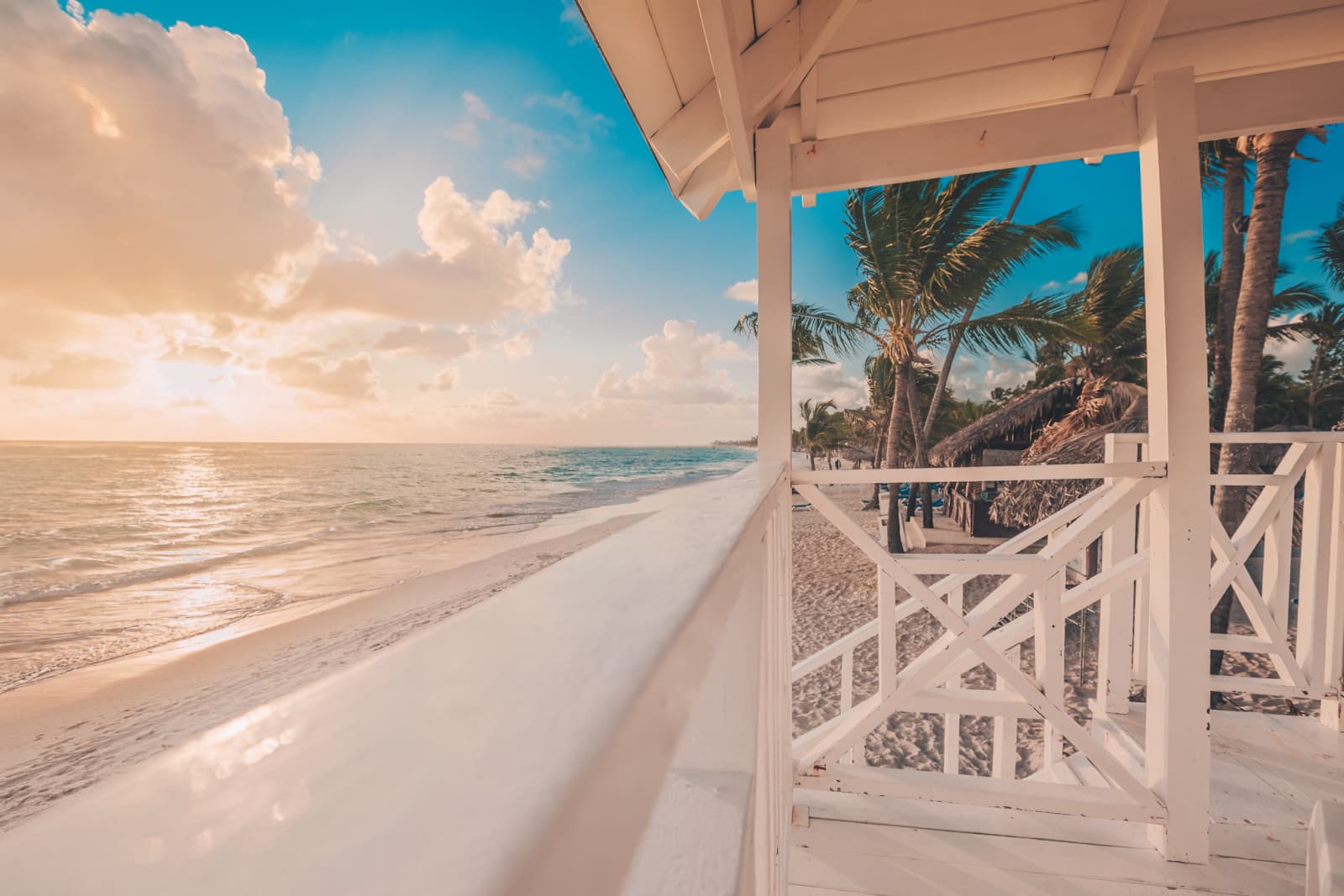 Generic beach shack, location unknown, on a beautiful beach around sunset