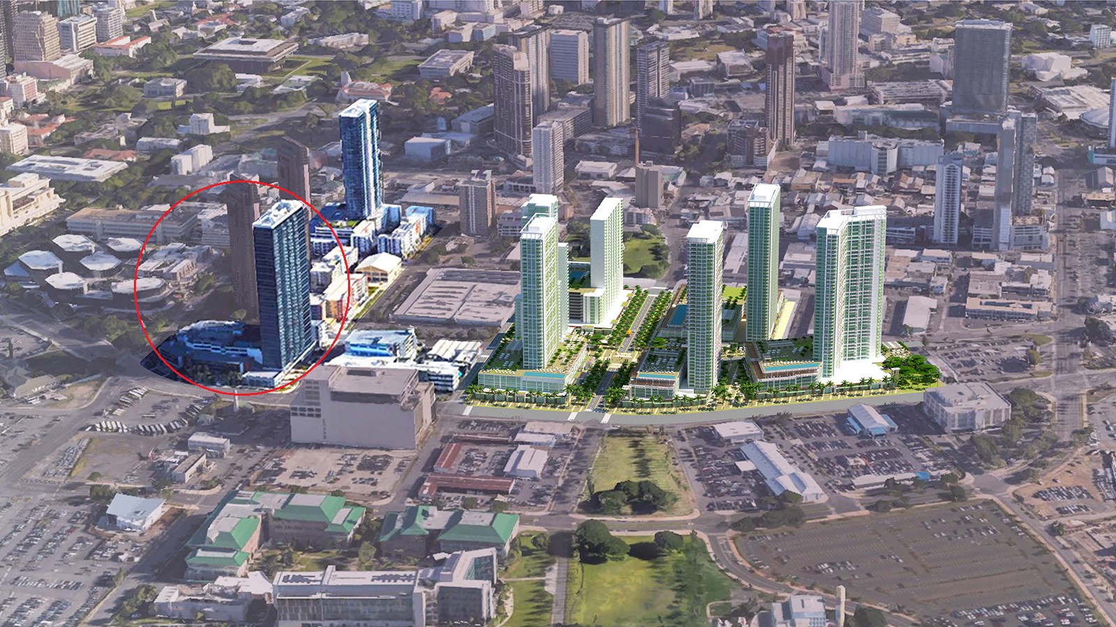 Aerial of Our Kakaako neighborhood with renderings of future projects and a red circle surrounding The Collection