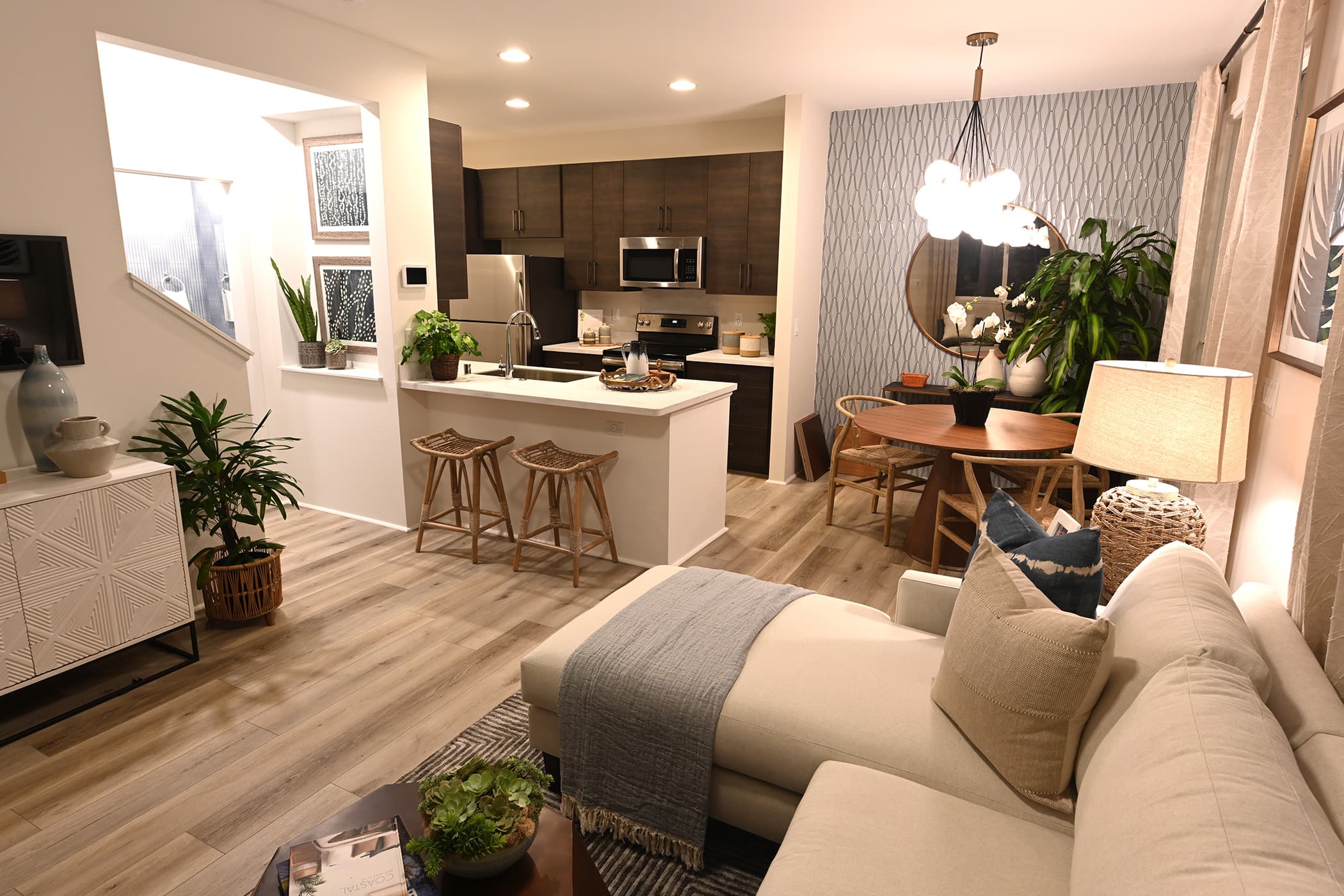 A joined kitchen and living room 