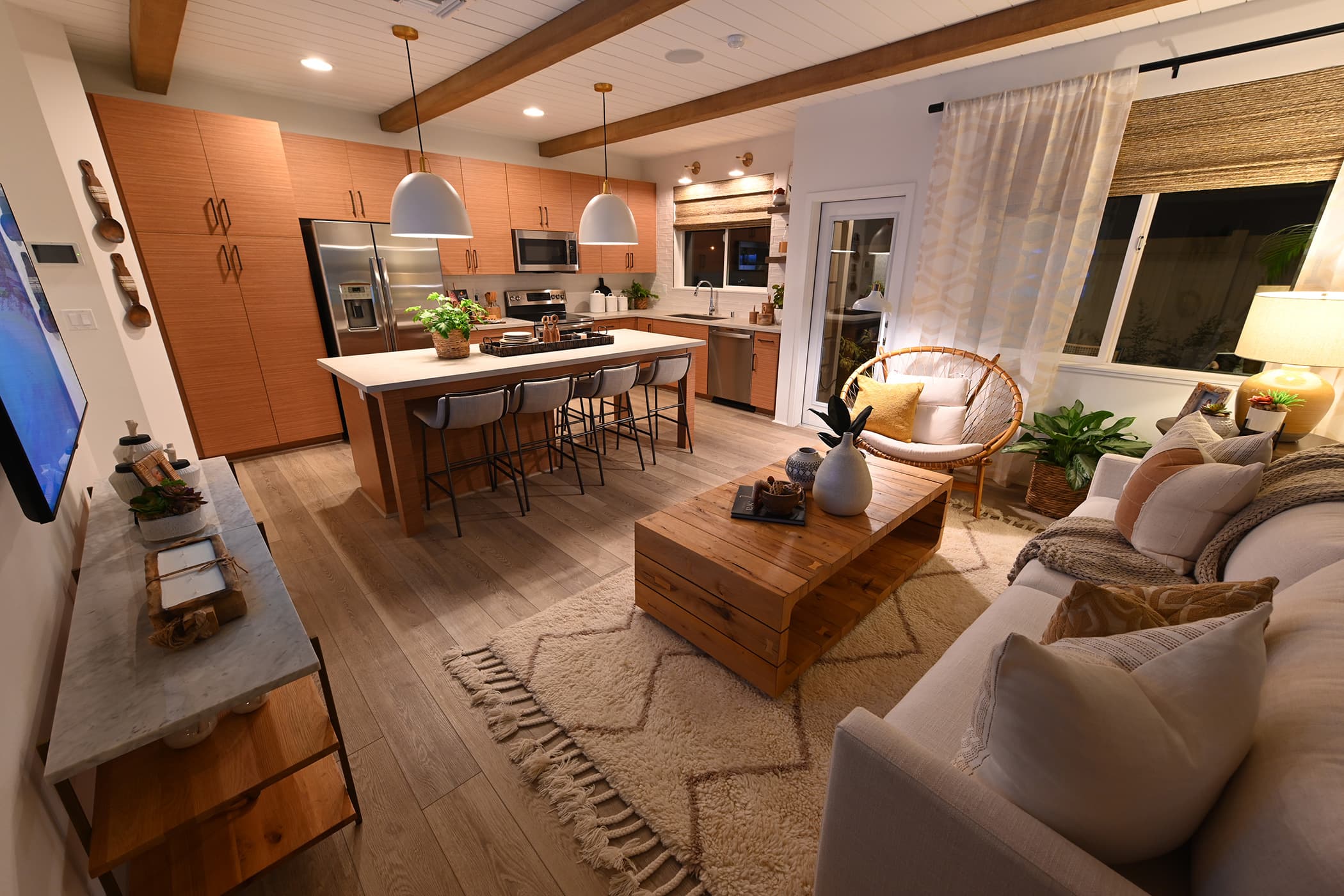 A joined kitchen and living room