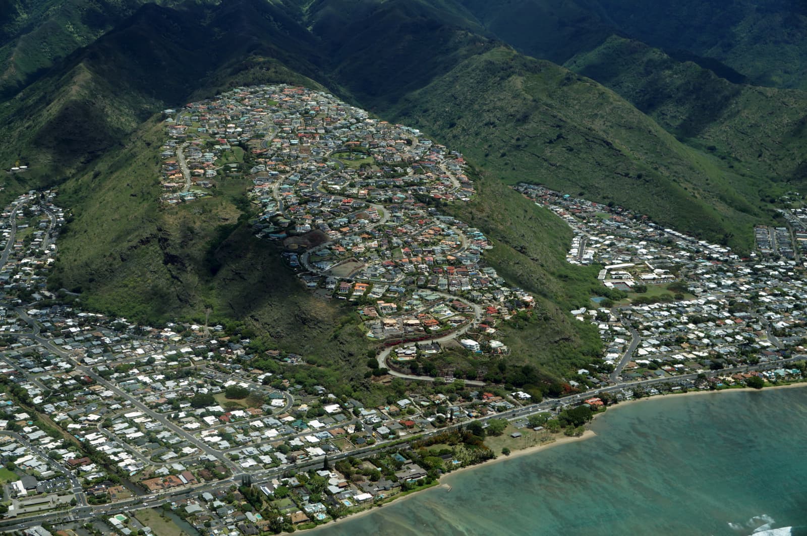 Aina Haina (left), Hawaii Loa Ridge (center), and Niu Valley (right) from above