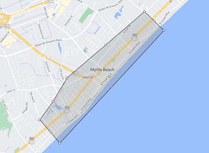 detailed map of downtown, an area of myrtle beach