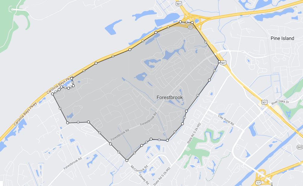 detailed map of forestbrook, an area of myrtle beach