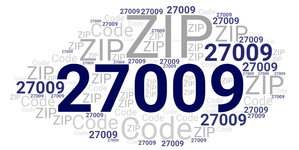 Word art picture in blue and gray saying 27009 ZIP Code