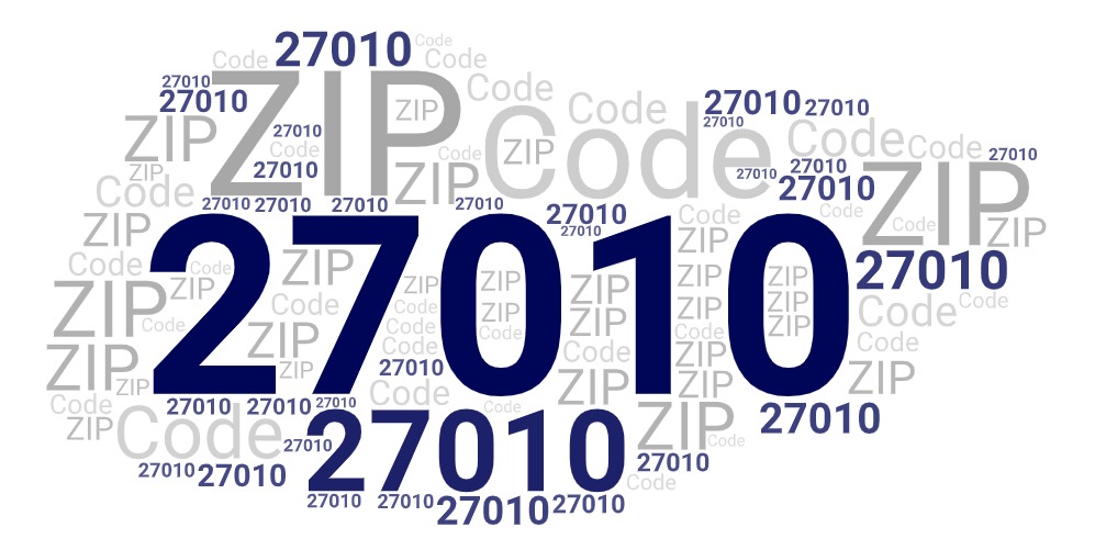 Word art picture in blue and gray saying 27010 ZIP Code