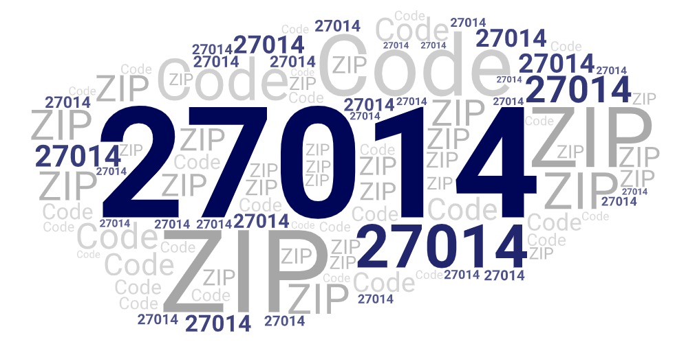 Word art picture in blue and gray saying 27014 ZIP Code