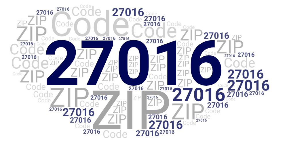 Word art picture in blue and gray saying 27016 ZIP Code