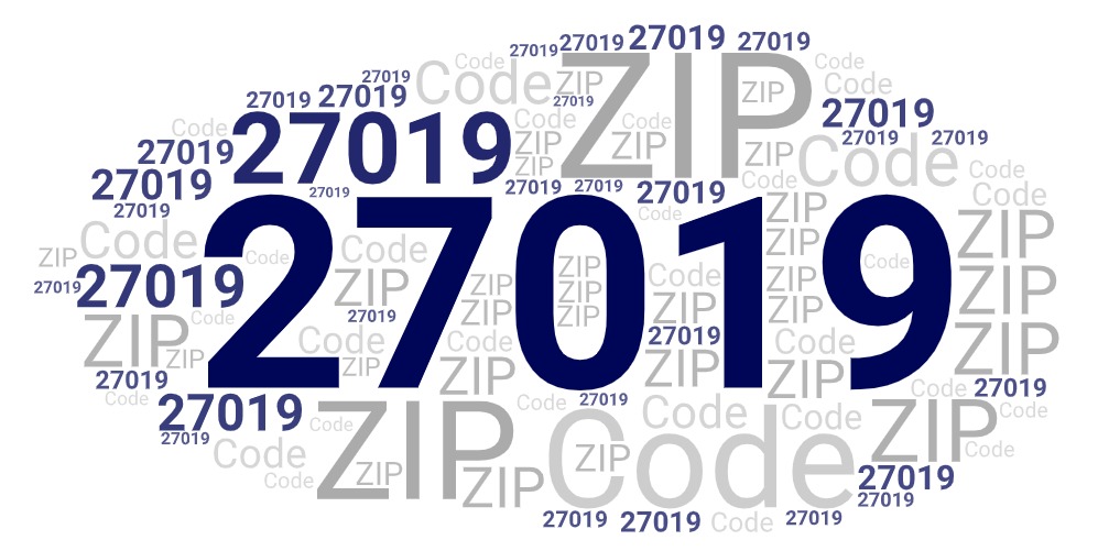Word art picture in blue and gray saying 27019 ZIP Code