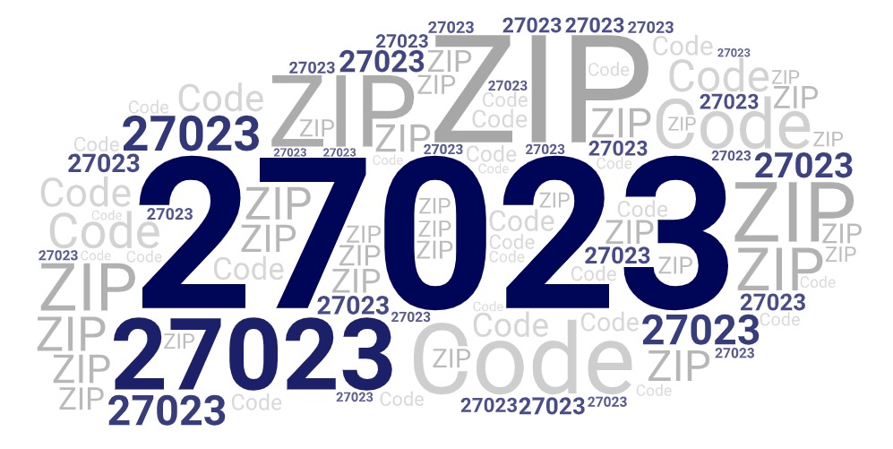 Word art picture in blue and gray saying 27023 ZIP Code