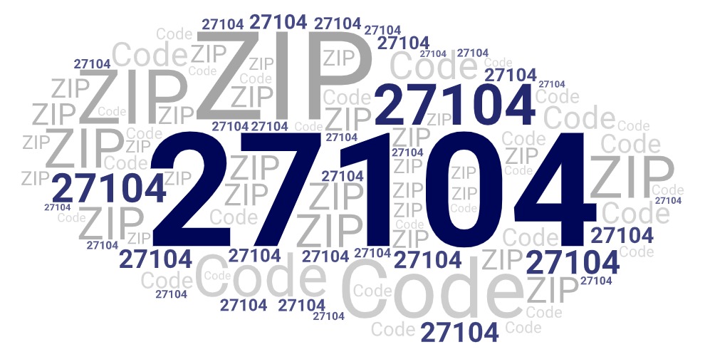 Word art picture in blue and gray saying 27104 ZIP Code