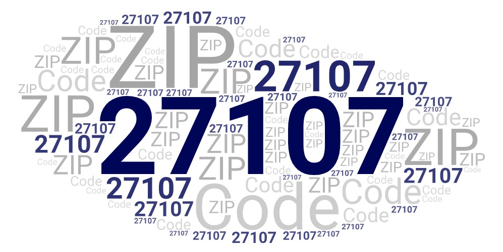 Word art picture in blue and gray saying 27107 ZIP Code