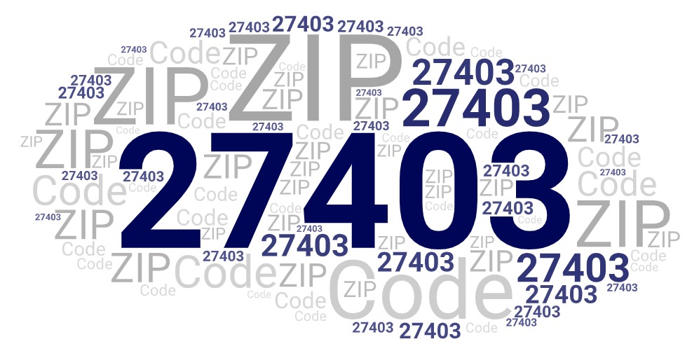 Word art picture in blue and gray saying 27403 ZIP Code