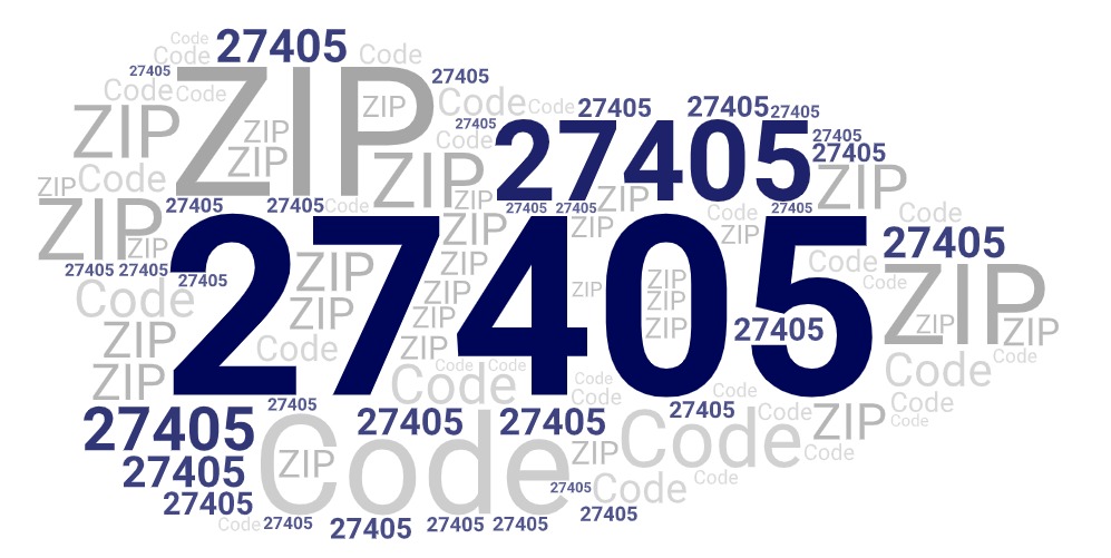 Word art picture in blue and gray saying 27405 ZIP Code