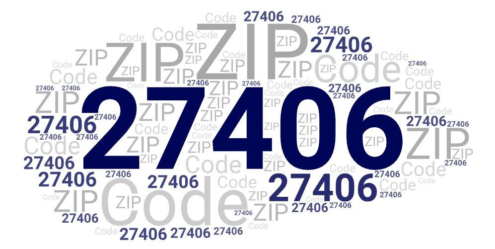 Word art picture in blue and gray saying 27406 ZIP Code