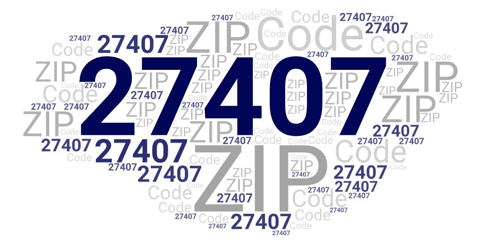 Word art picture in blue and gray saying 27407 ZIP Code