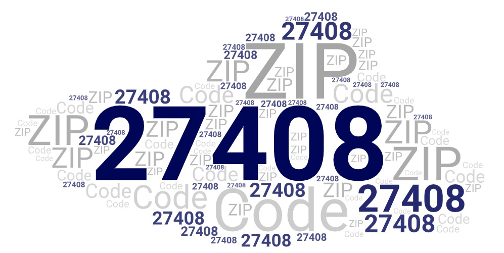 Word art picture in blue and gray saying 27408 ZIP Code