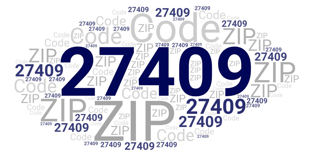 Word art picture in blue and gray saying 27409 ZIP Code