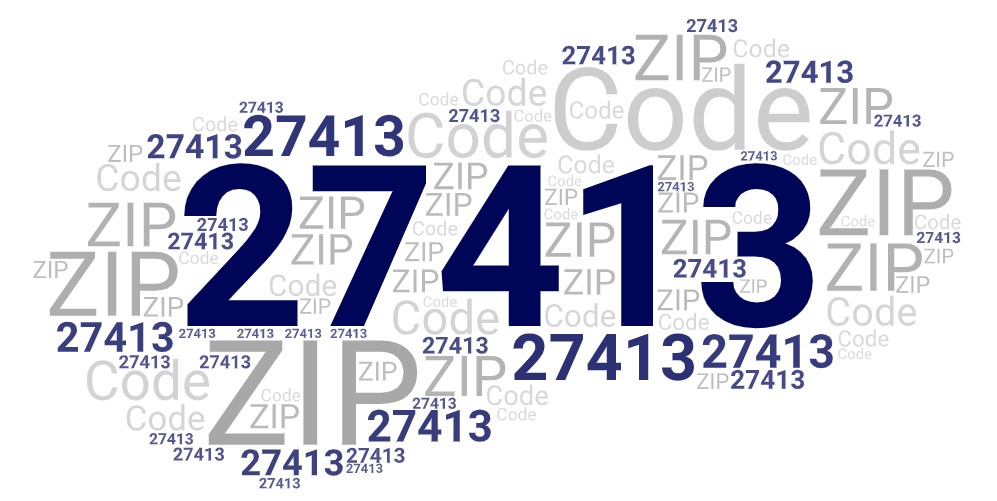 Word art picture in blue and gray saying 27413 ZIP Code