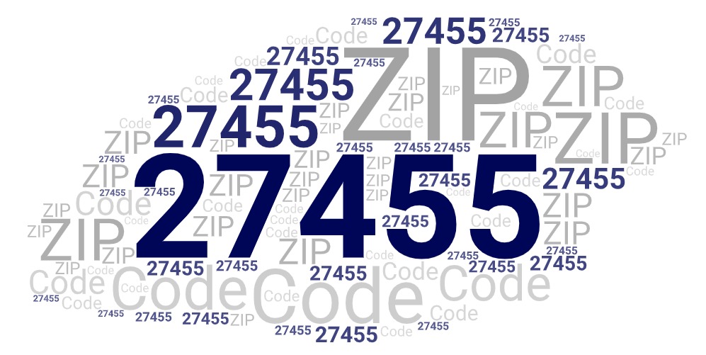 Word art picture in blue and gray saying 27455 ZIP Code