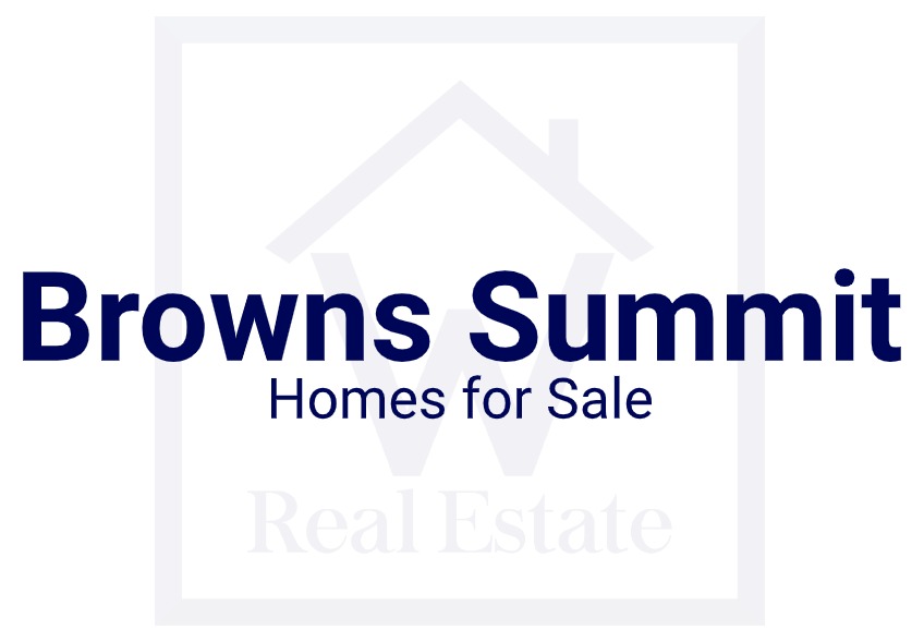 A custom pic showing the words "Browns Summit Homes for Sale" over W Real Estate's logo.