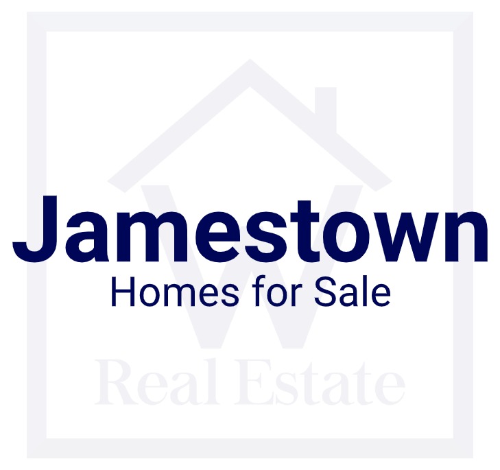 A custom pic showing the words "Jamestown Homes for Sale" over W Real Estate's logo.