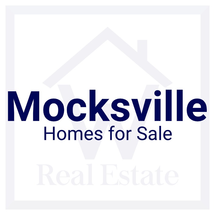 A custom pic showing the words "Mocksville Homes for Sale" over W Real Estate's logo.
