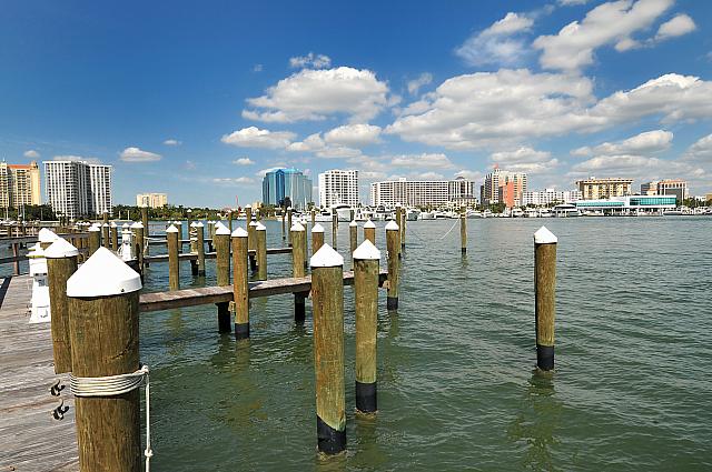 Boat docks and downtown Sarasota skyline