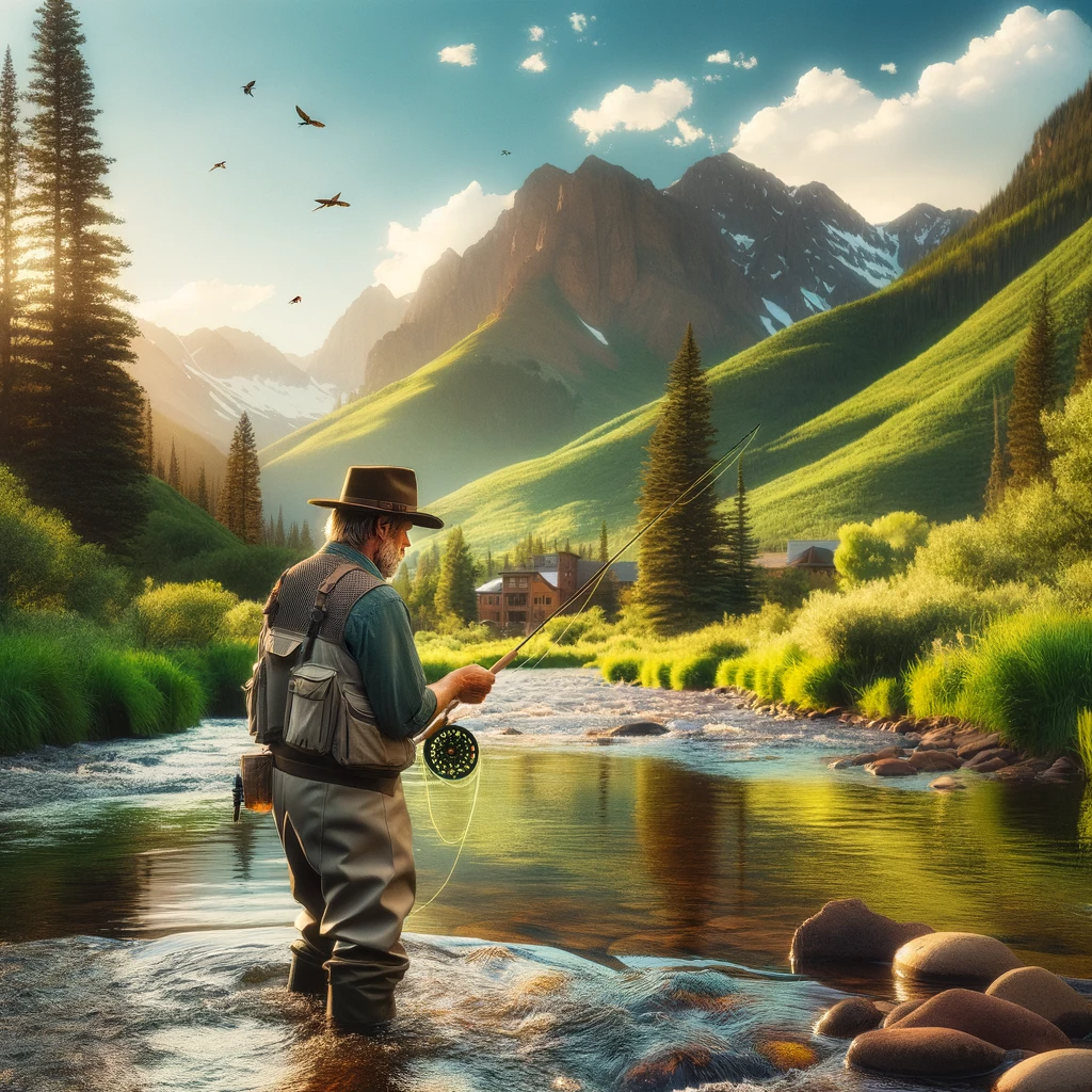 A serene scene of a fly fisherman standing in a Colorado mountain stream. The fisherman, a middle-aged, is wearing a khaki vest, a wide