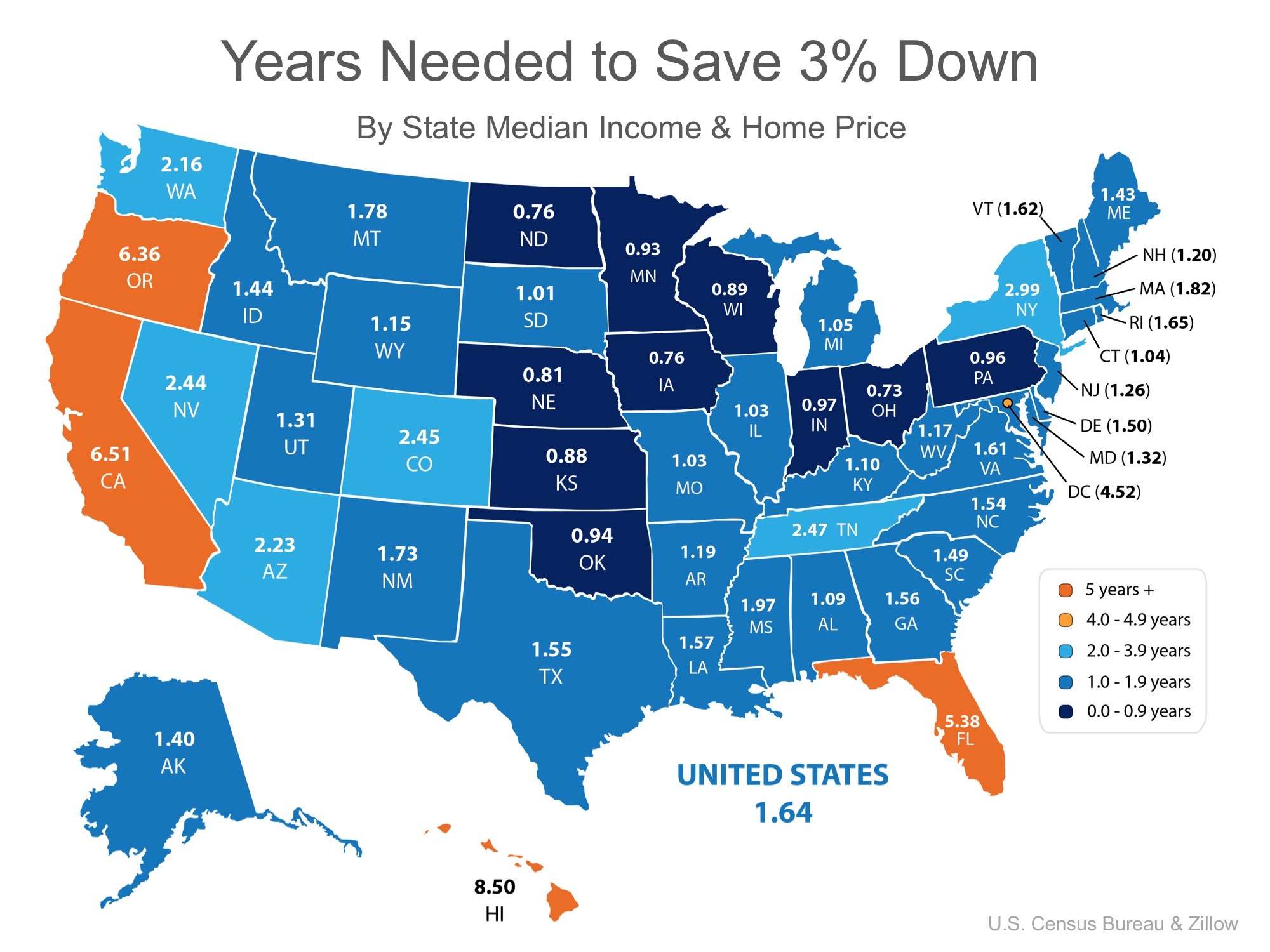 Years needed to save 3% down by state median income and home price map infographic