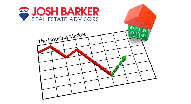 Illutration with an infographic showing the housing market rising