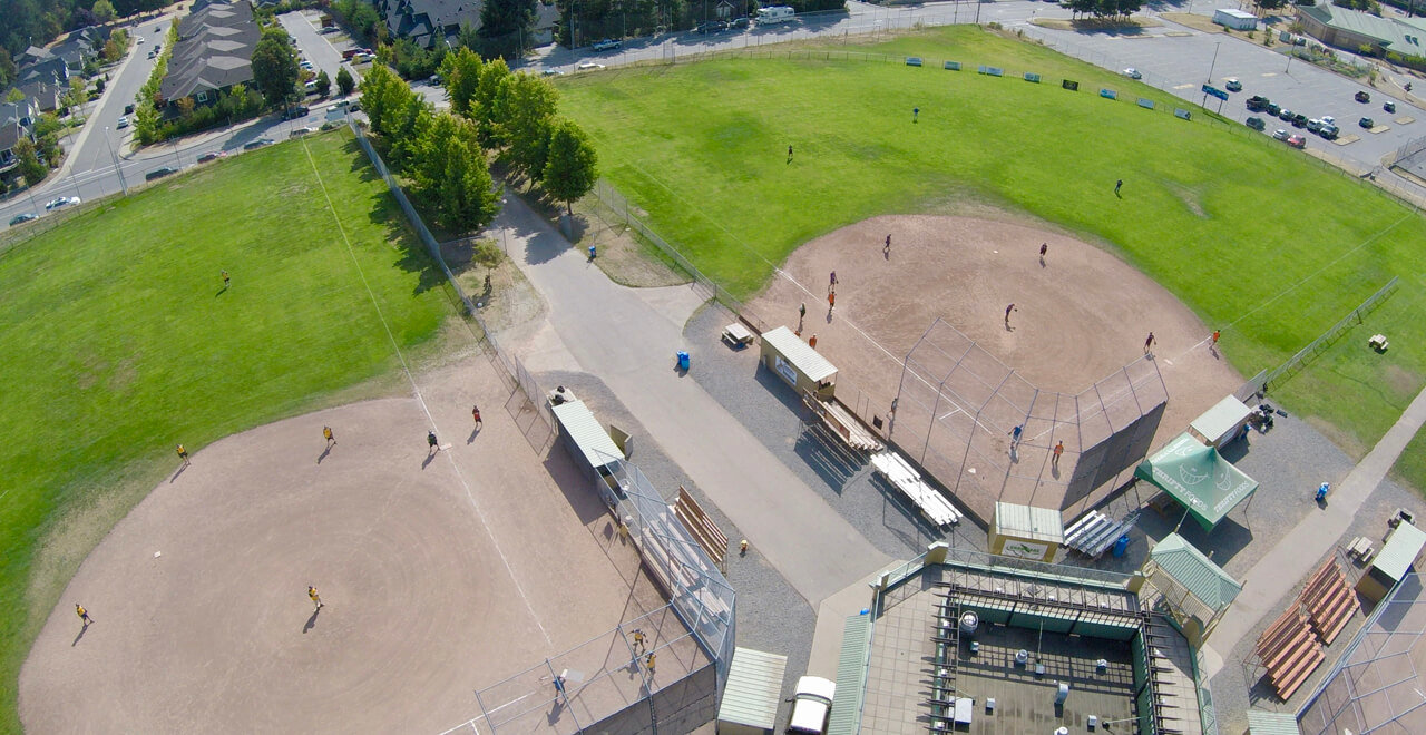 Aerial view of the McGirr Athletic Fields during a baseball game
