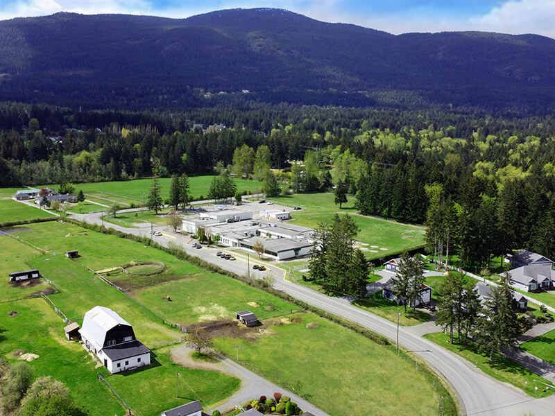 Aerial view of Mountain View Elementary surrounded by farmland.