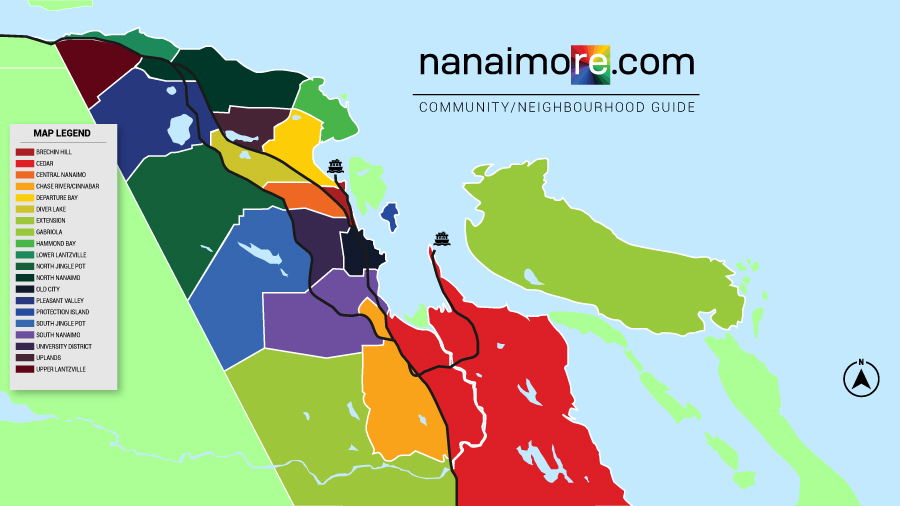 Color coded Nanaimo map with legend showing all Nanaimo Communities and neighbourhoods