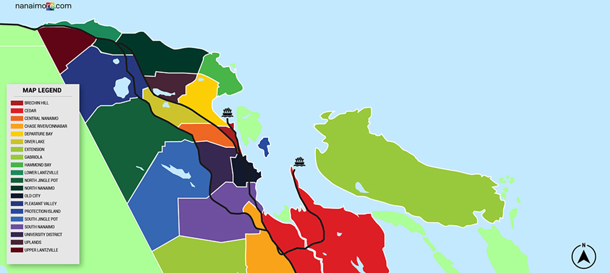 Map of Nanaimo with colour coded communities
