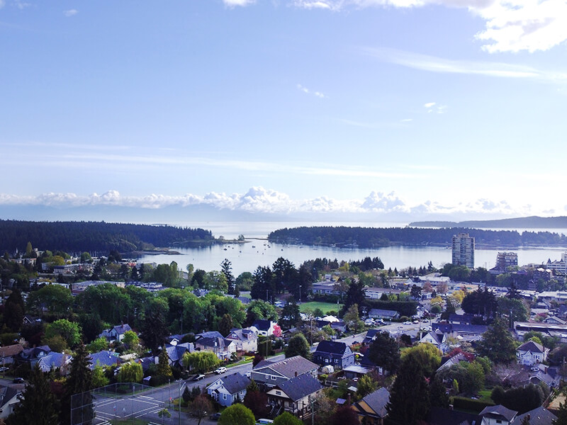 Aerial View of Downtown Nanaimo with Century Homes and Modern Condos
