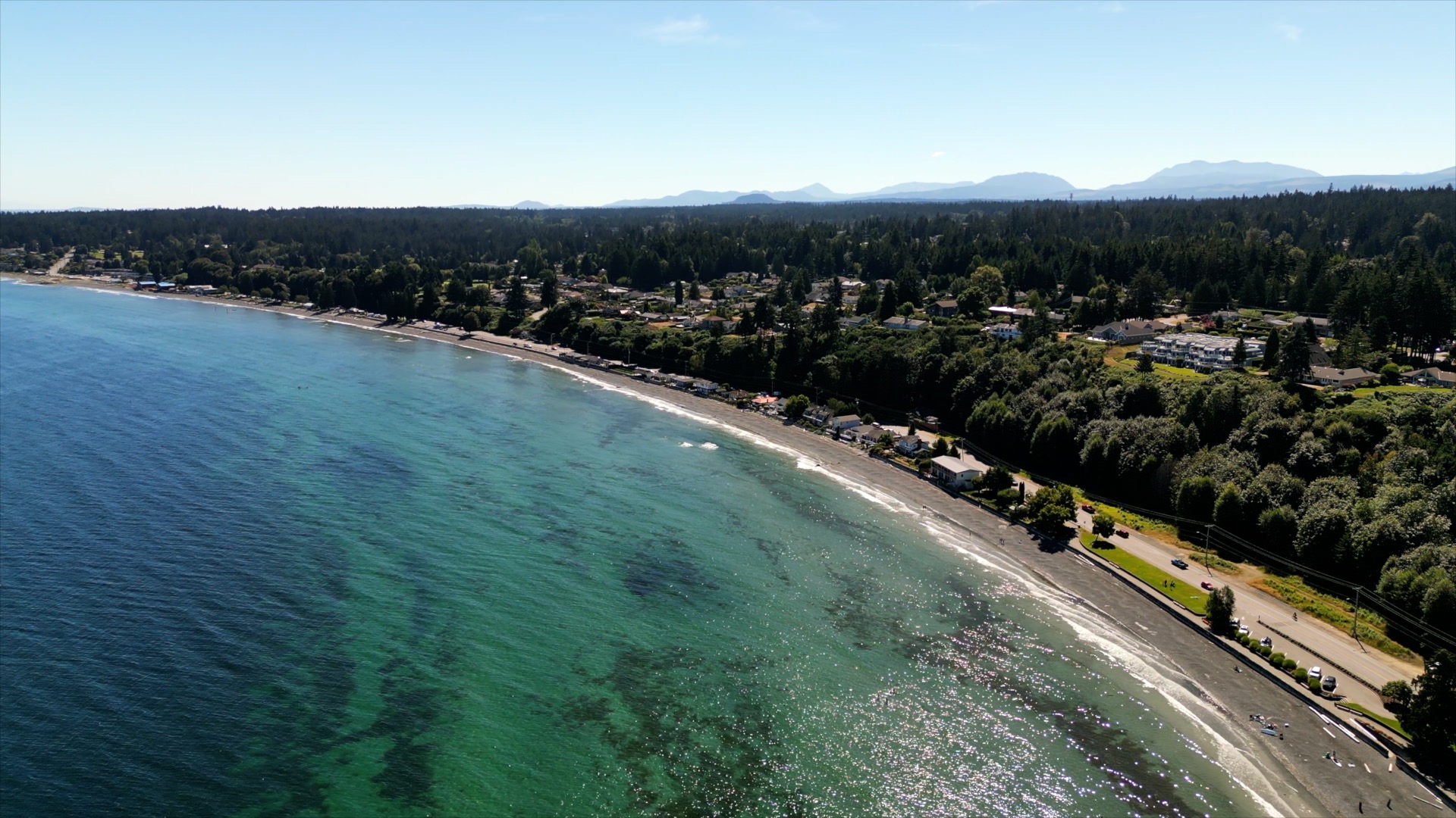 Aerial view of Qualicum Beach with beautiful blue waters