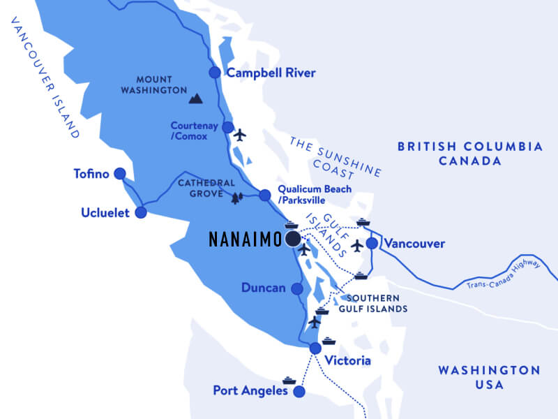 Map and instruction for how to travel to Nanaimo