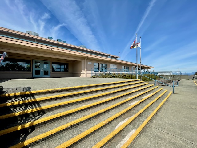 McGirr Elementary entrance on a sunny Spring day.
