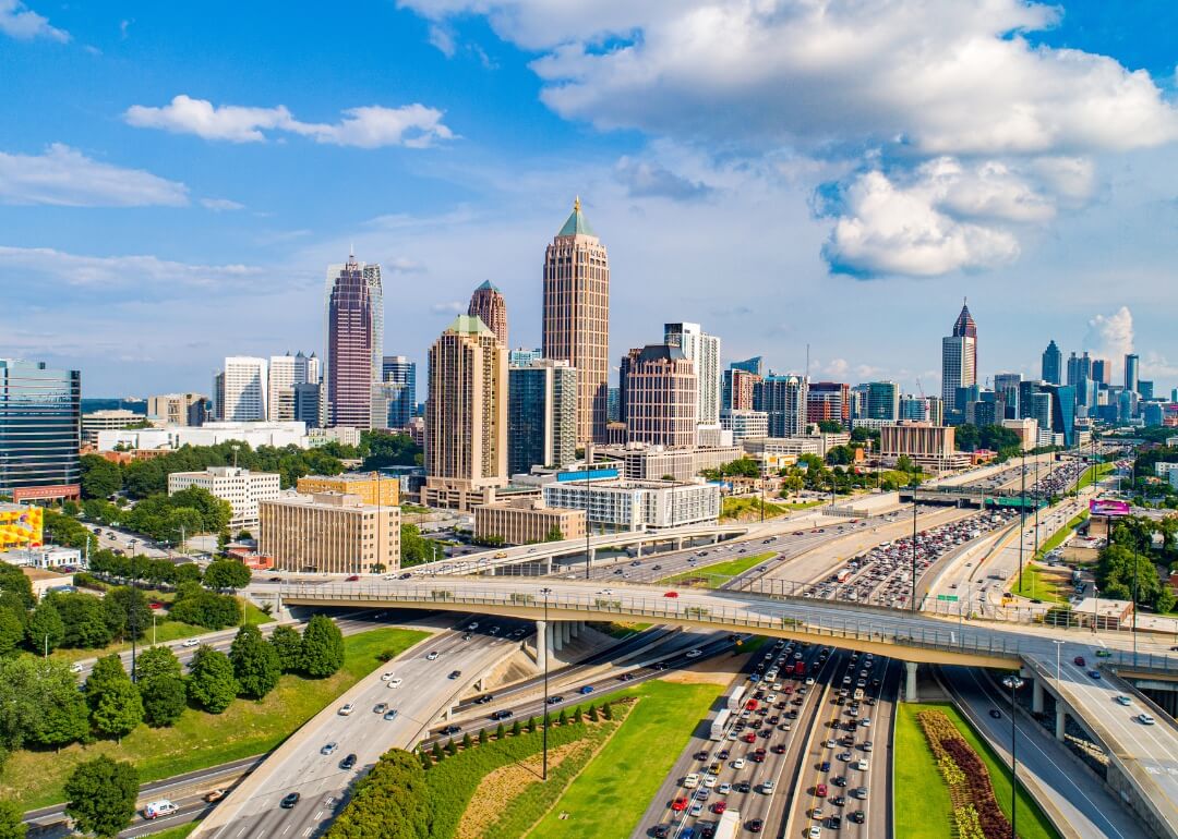 #7. Atlanta, Georgia The downtown Atlanta, Georgia, skyline with heavy traffic on the highway