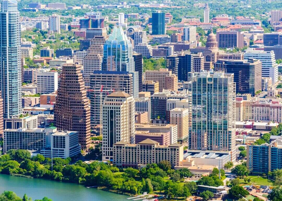 An aerial view of downtown buildings in Austin, Texas