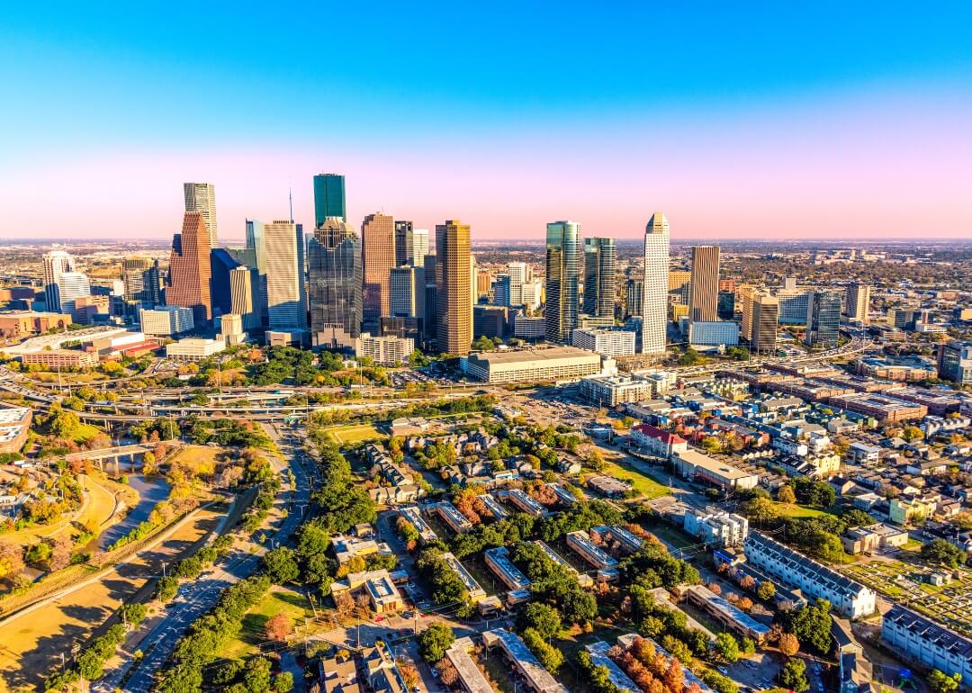 #2. Houston, Texas An aerial view of downtown Houston, Texas, and the surrounding areas