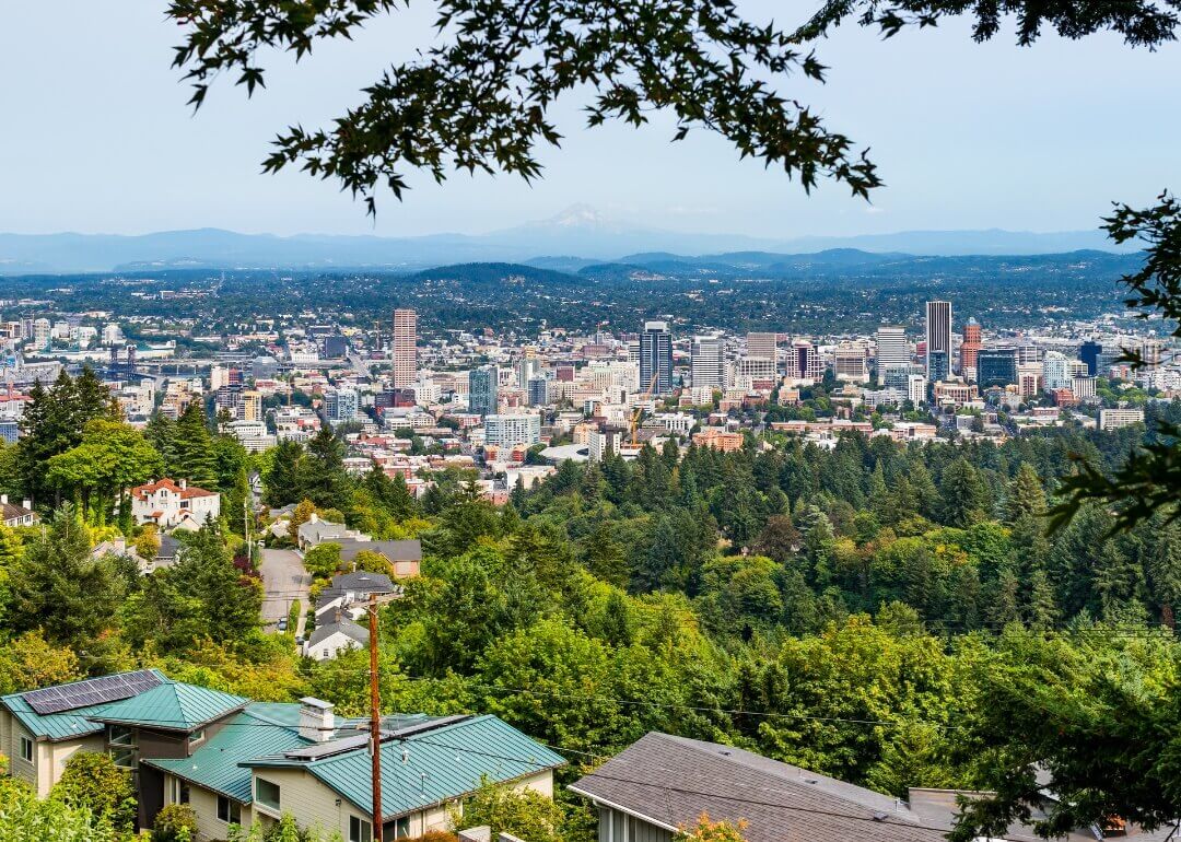 The view of downtown, Portland, Oregon, from homes in the green hills
