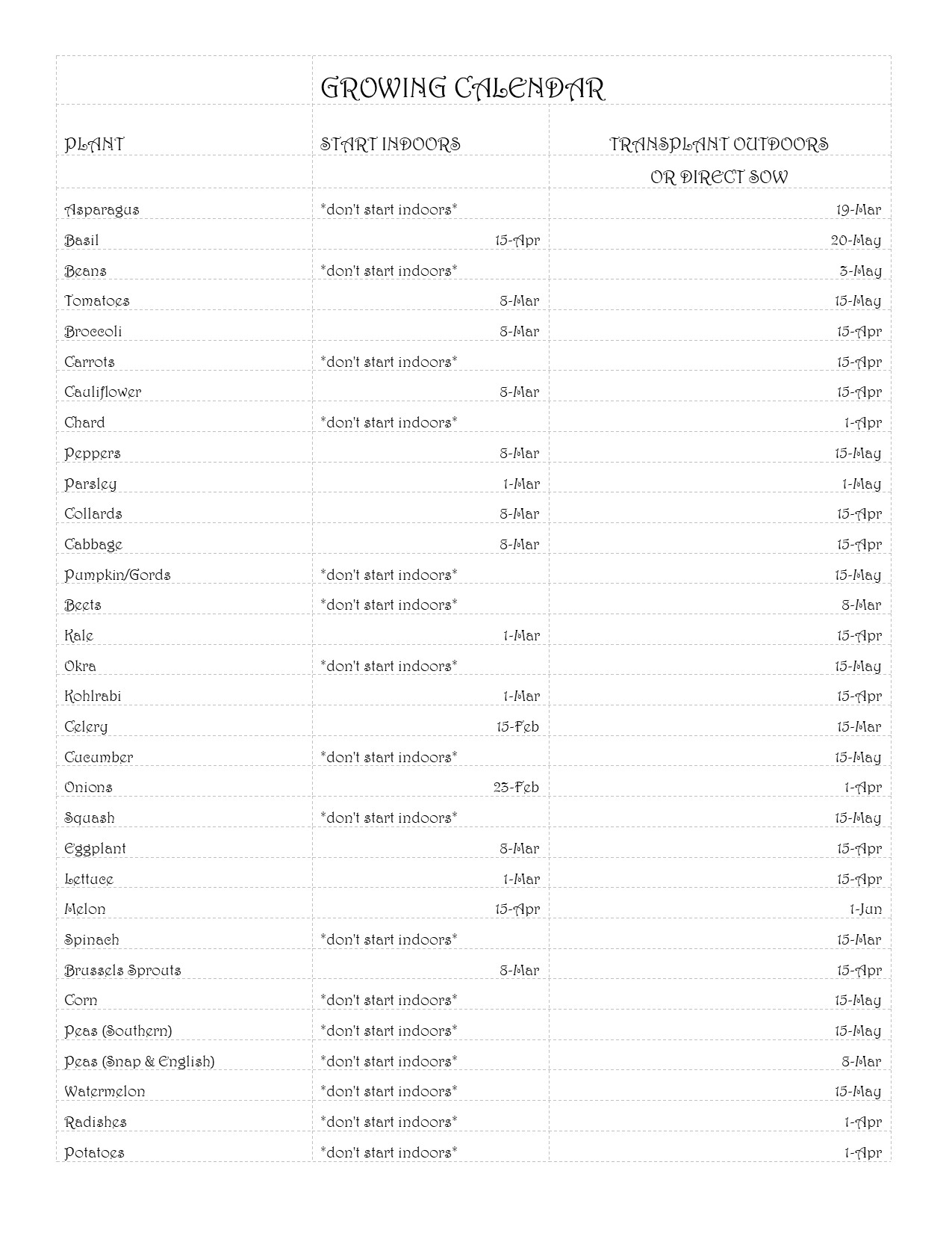 Growing Calendar