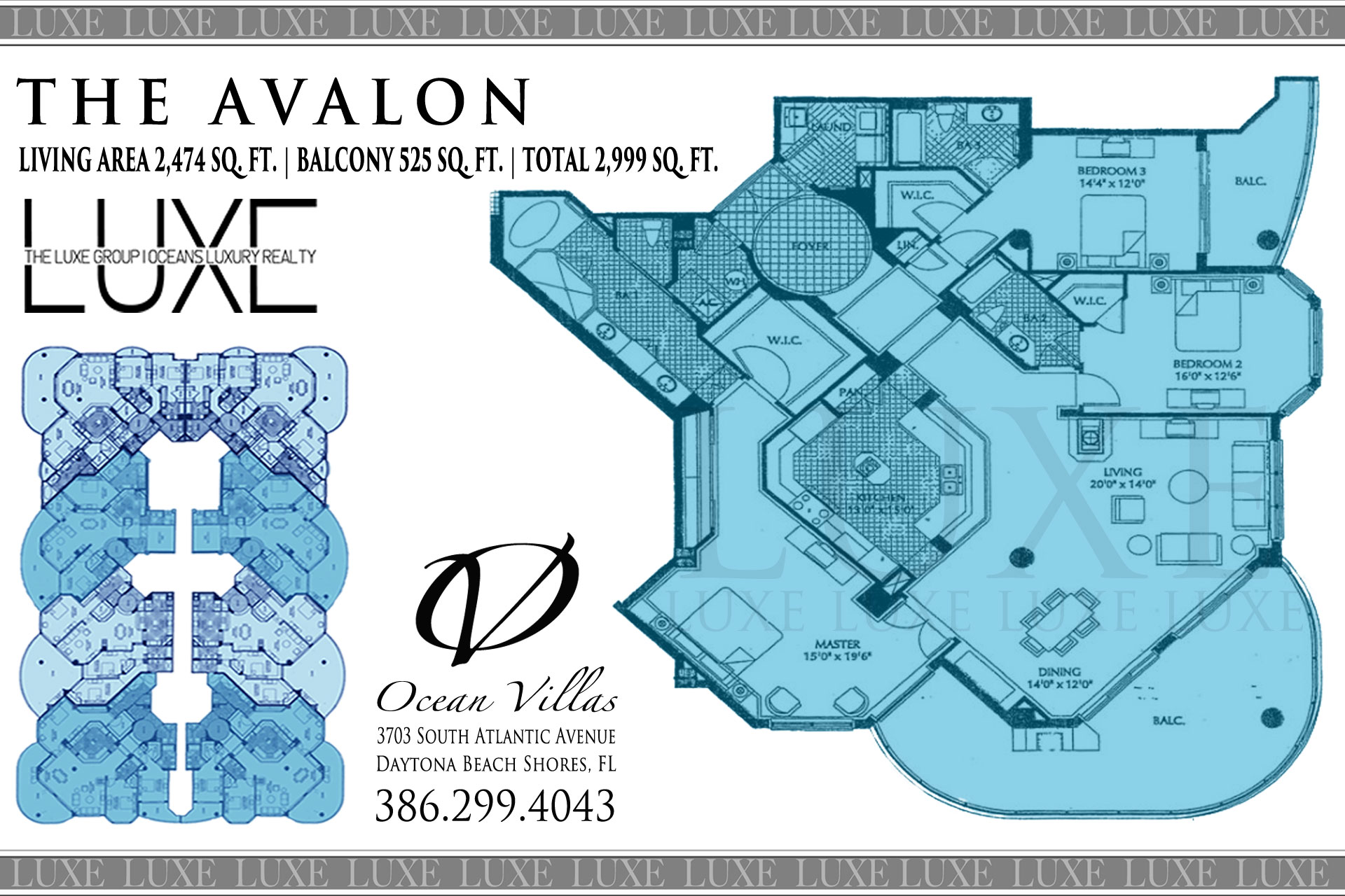 Ocean Villas Condo Avalon Floor Plan A Units 07 & 08 - 3703 South Atlantic Ave Daytona Beach Shores, Florida - The LUXE Group at Oceans Luxury Realty 386-299-4043