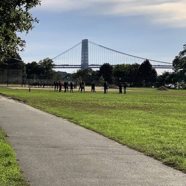 View of George Washington Bridge in the Inwood Hill Park in Inwood, Manhattan, New York