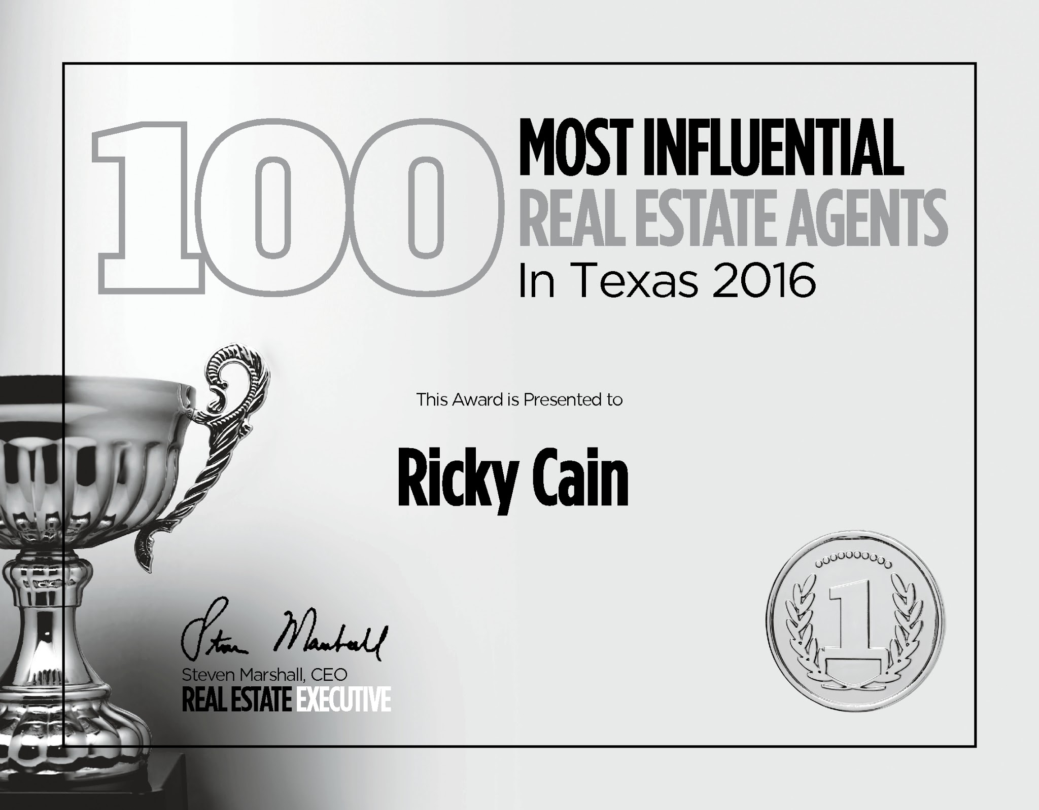 Ricky Cain 100 Most Influential Real Estate Agent in Texas 2016