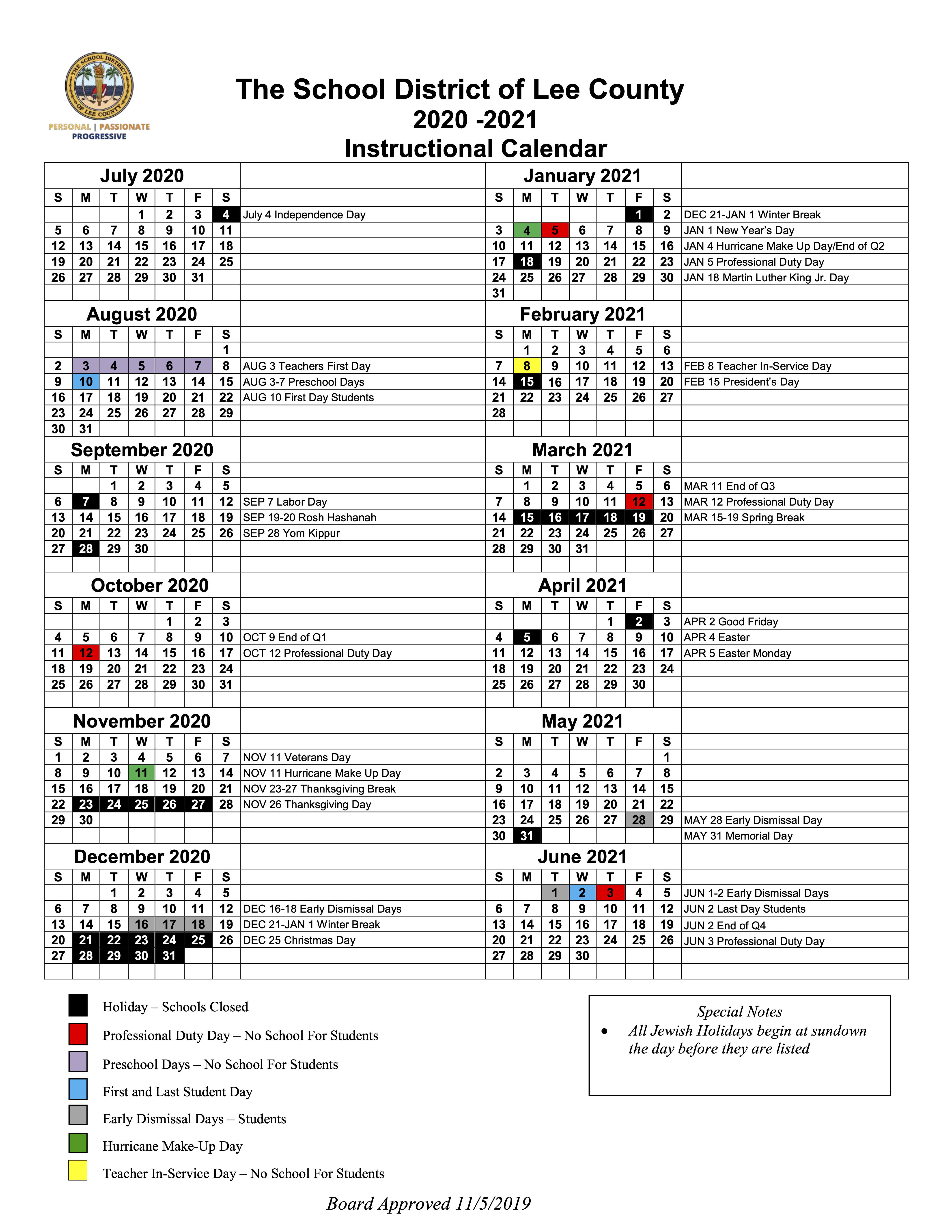 Lee School Calendar 2020-2021